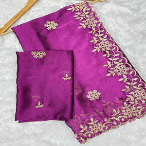 Purple Satin Saree with Intricate Floral Embroidery