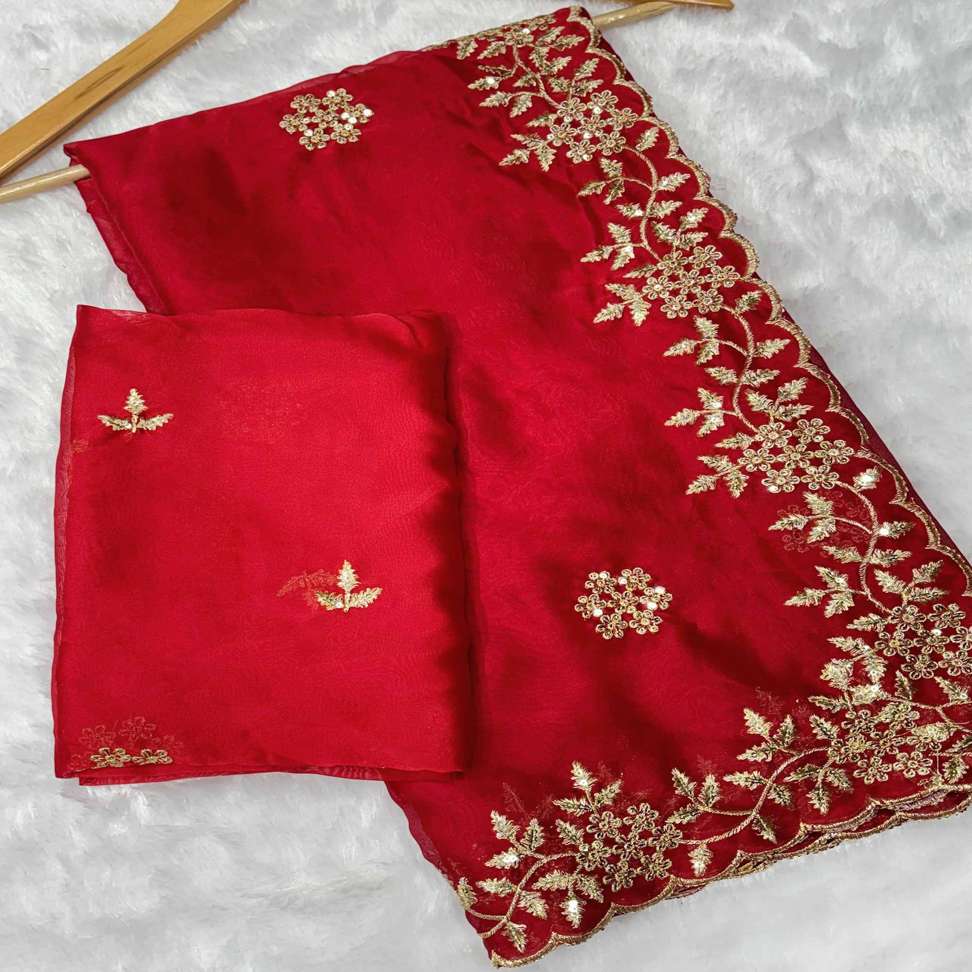 Red Satin Saree with Intricate Floral Embroidery