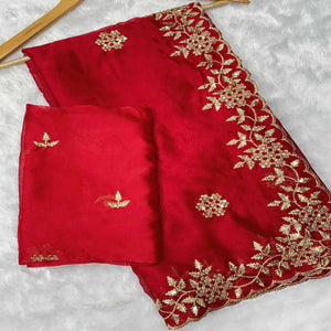 Red Satin Saree with Intricate Floral Embroidery