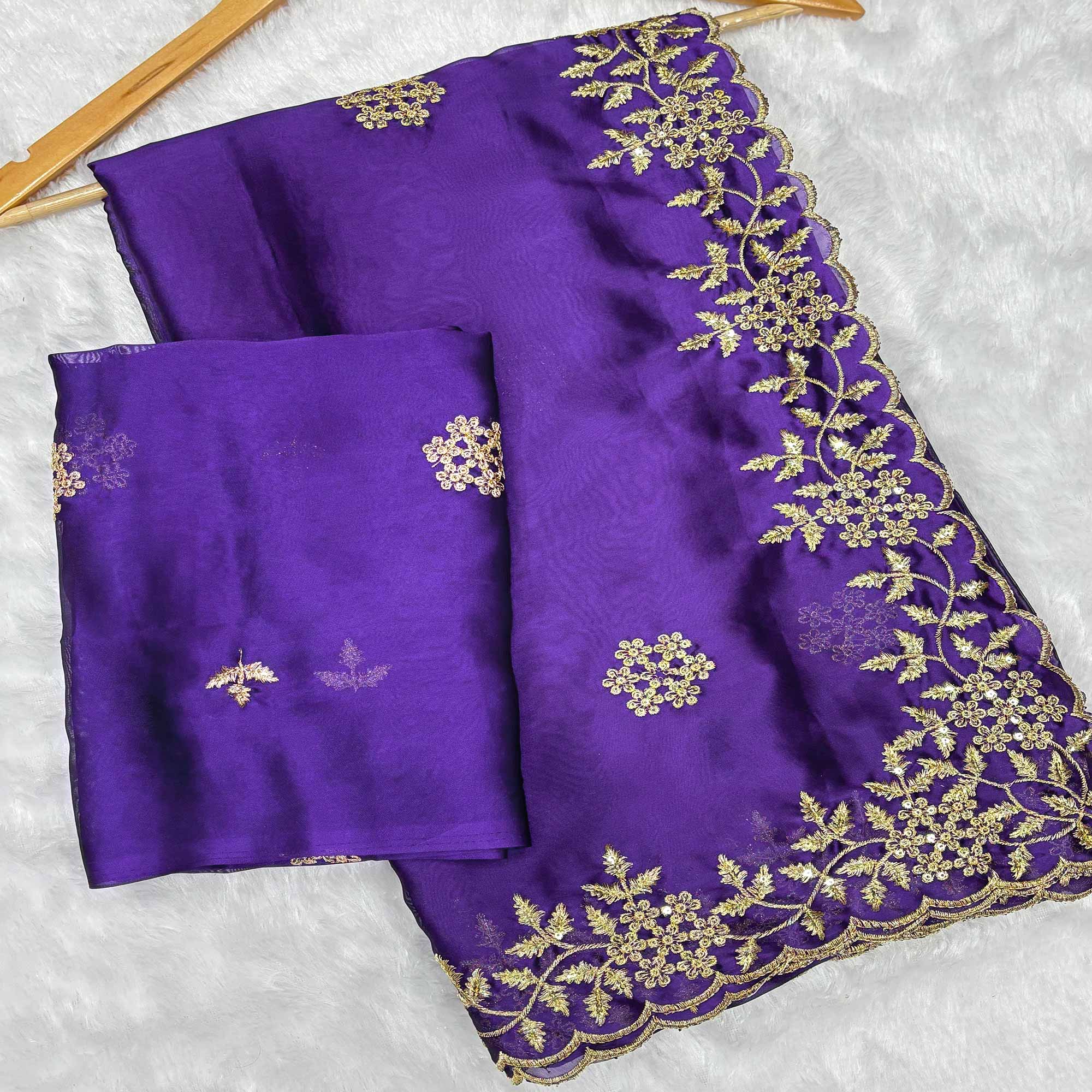 Violet Satin Saree with Intricate Floral Embroidery