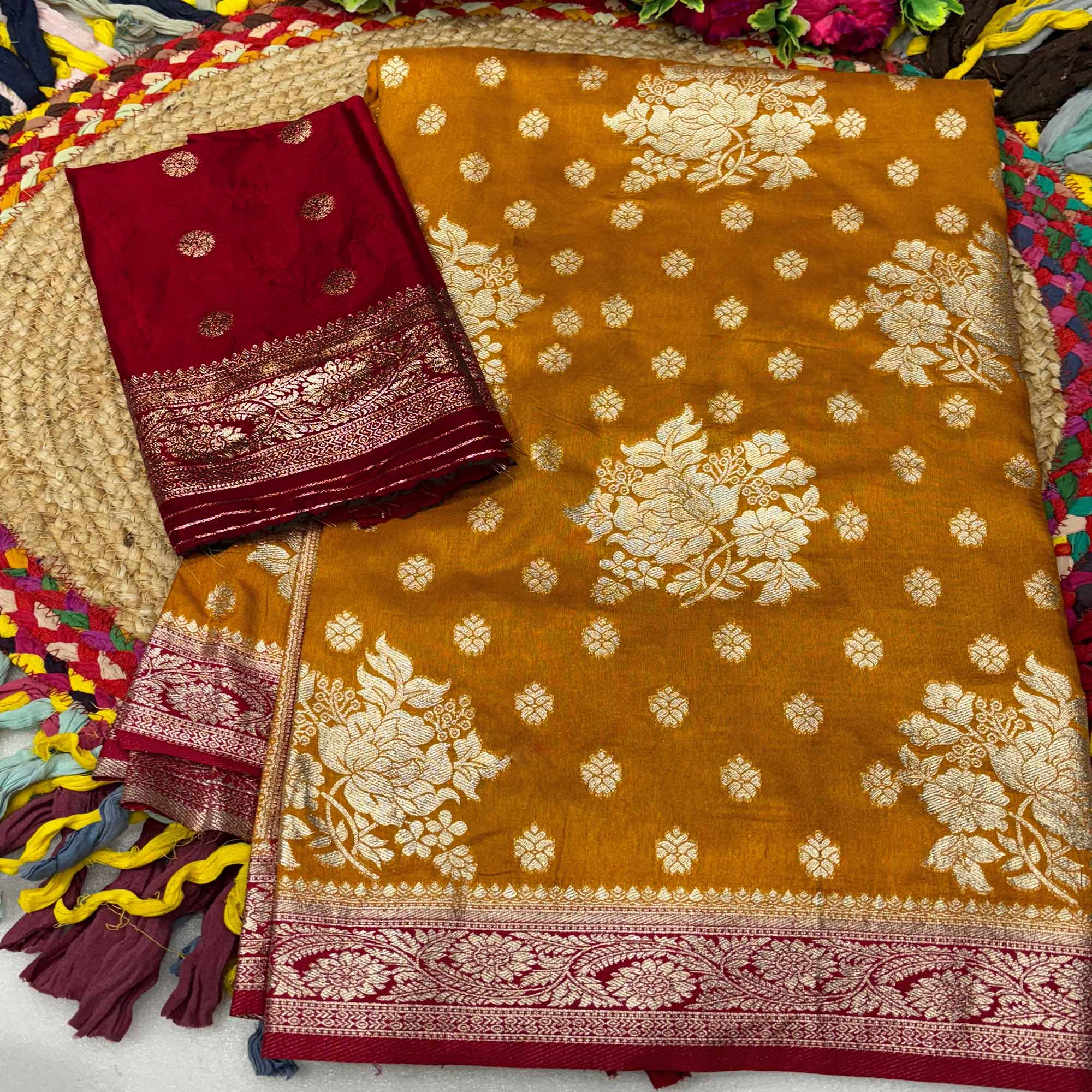 Mustard Dola Silk Woven Saree with Allover Zari Butti Design