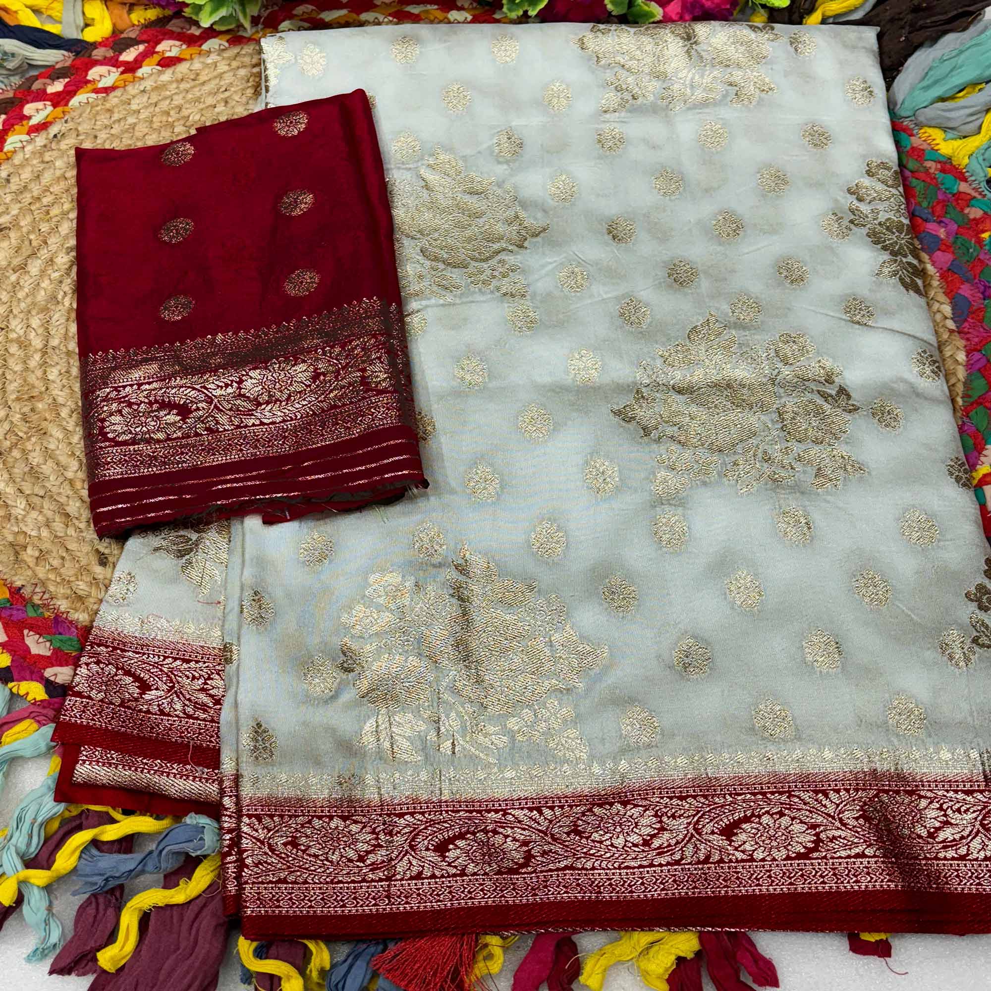 Off White Dola Silk Woven Saree with Allover Zari Butti Design