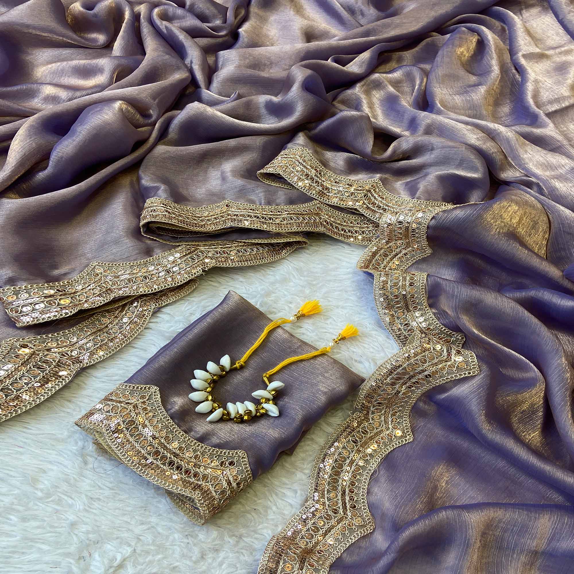 Lavender Solid Chiffon Saree Accented with Embellished Border