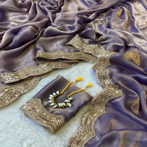 Lavender Solid Chiffon Saree Accented with Embellished Border