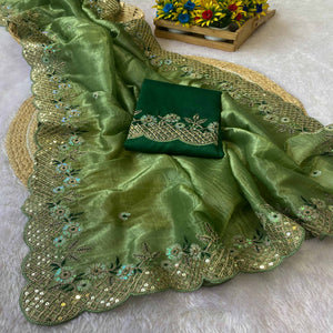Green Saree in Tissue Fabric with Feminine Floral Embroidery