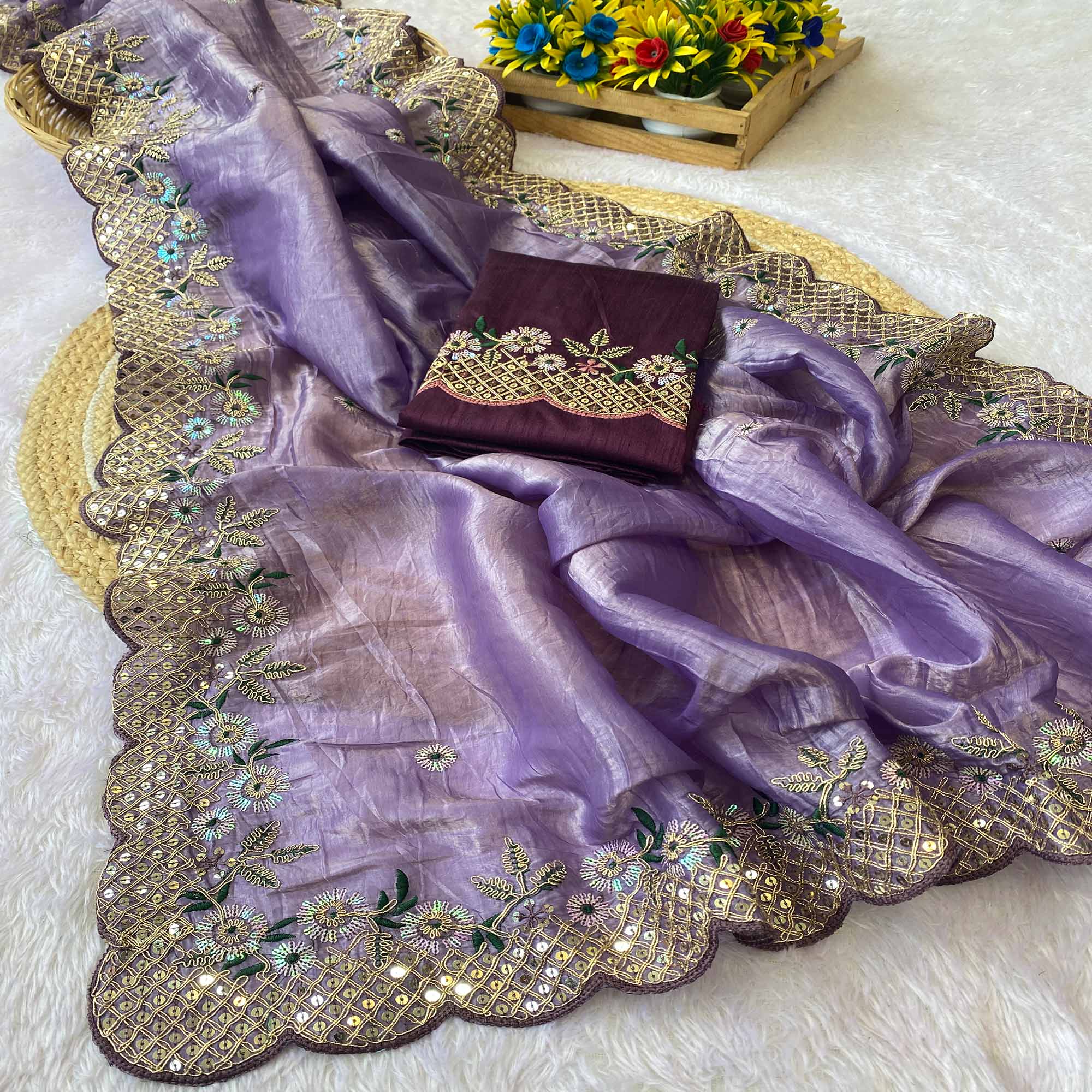 Lavender Saree in Tissue Fabric with Feminine Floral Embroidery