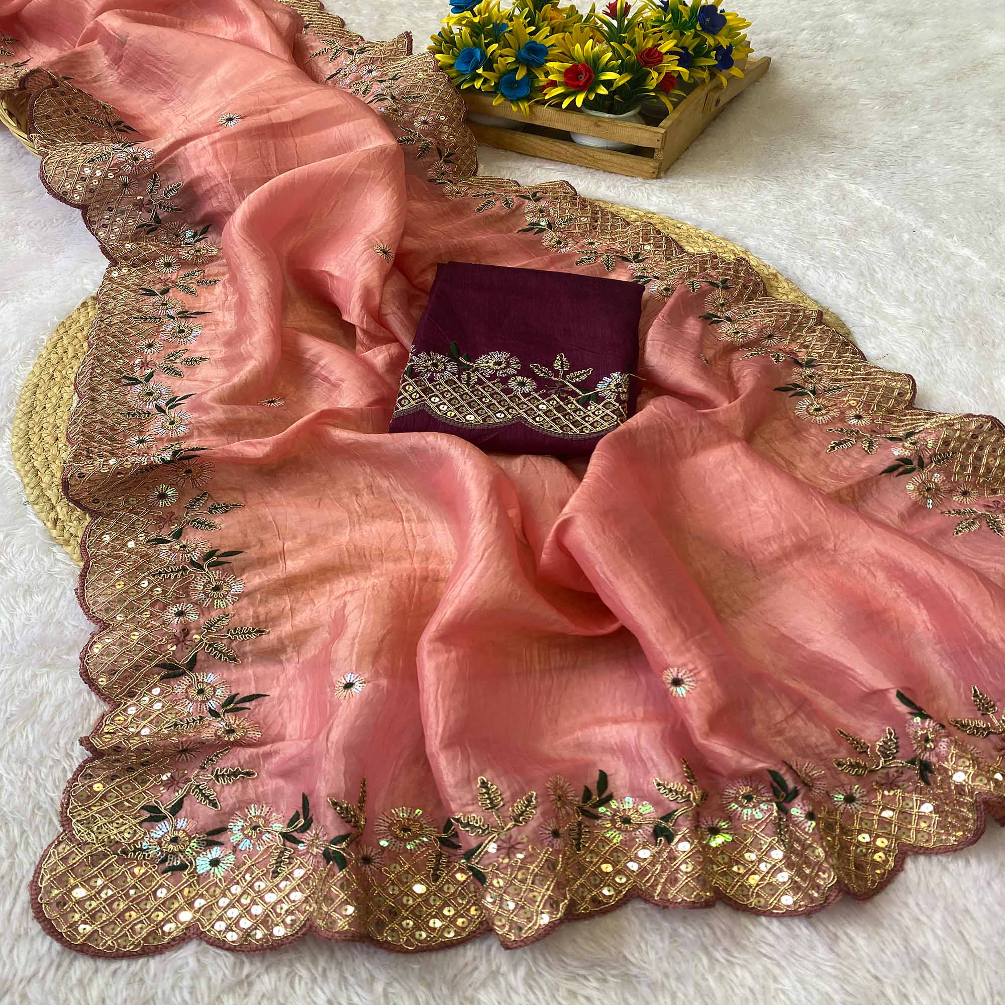 Peach Saree in Tissue Fabric with Feminine Floral Embroidery