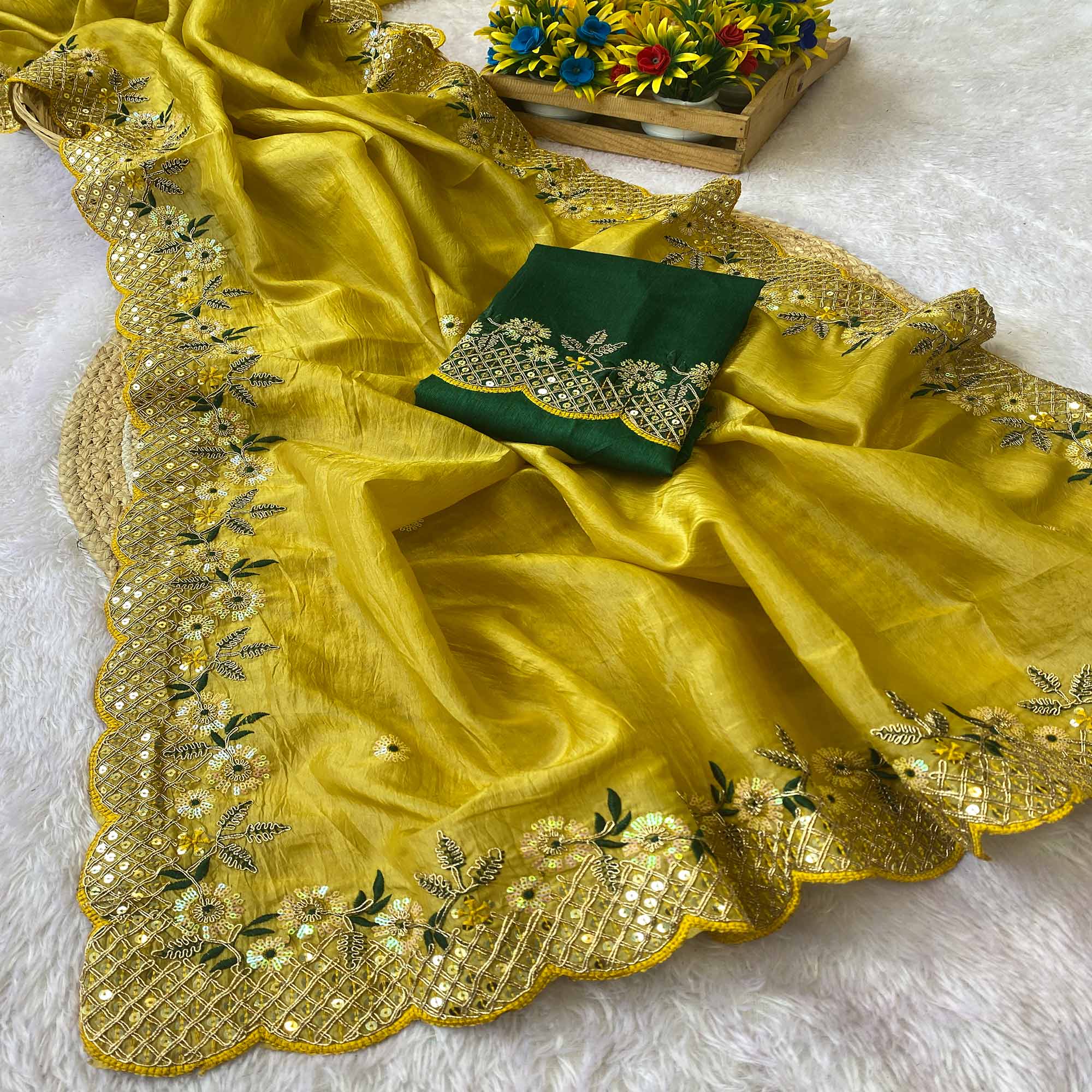 Yellow Saree in Tissue Fabric with Feminine Floral Embroidery