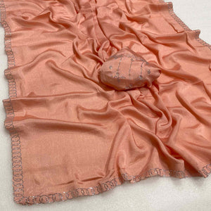 Peach Embellished Silk Blend Saree Featuring Fine Swarovski Stone Detailing