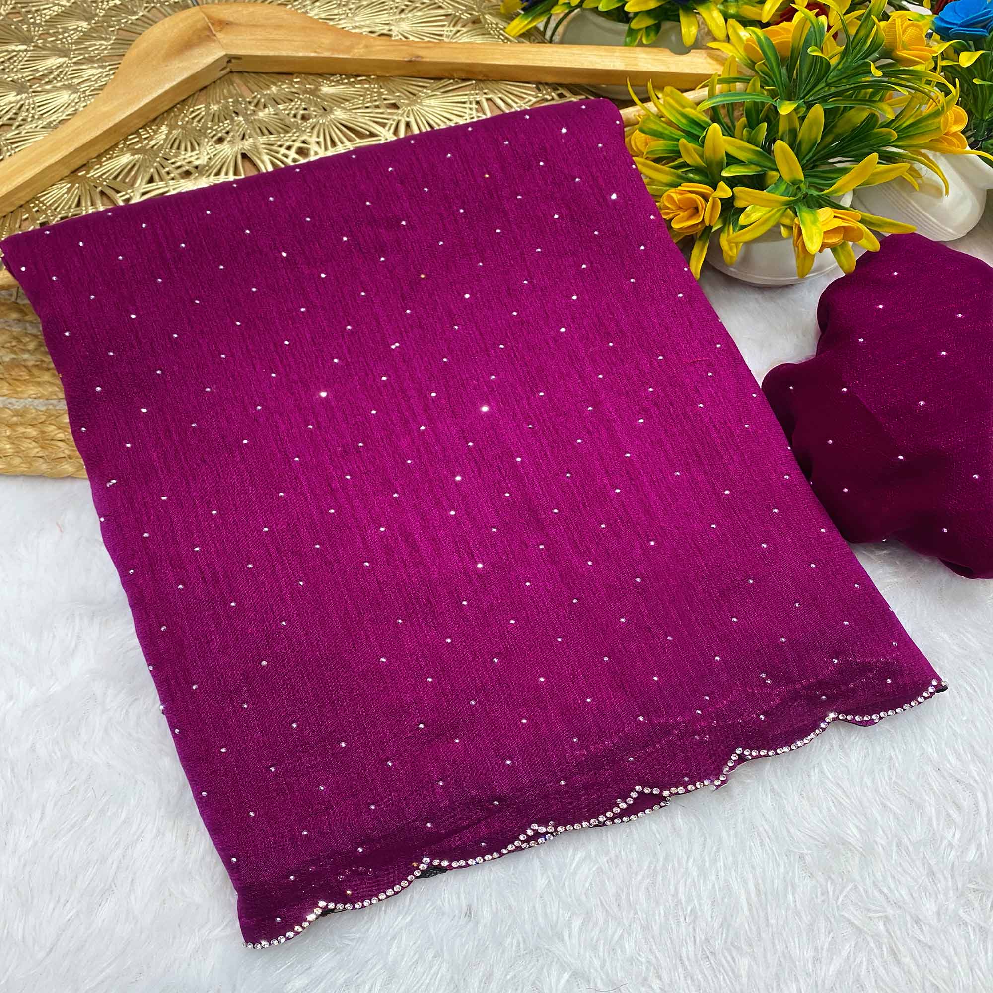 Magenta Vichitra Silk Saree Accented with Stone Embellishments