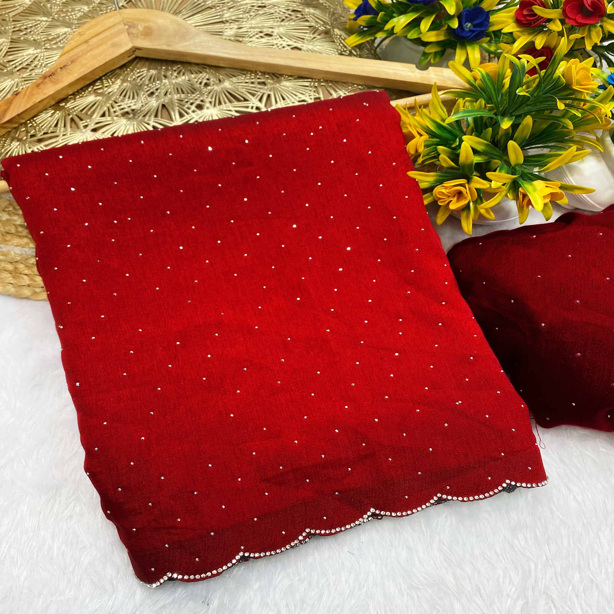 Red Vichitra Silk Saree Accented with Stone Embellishments