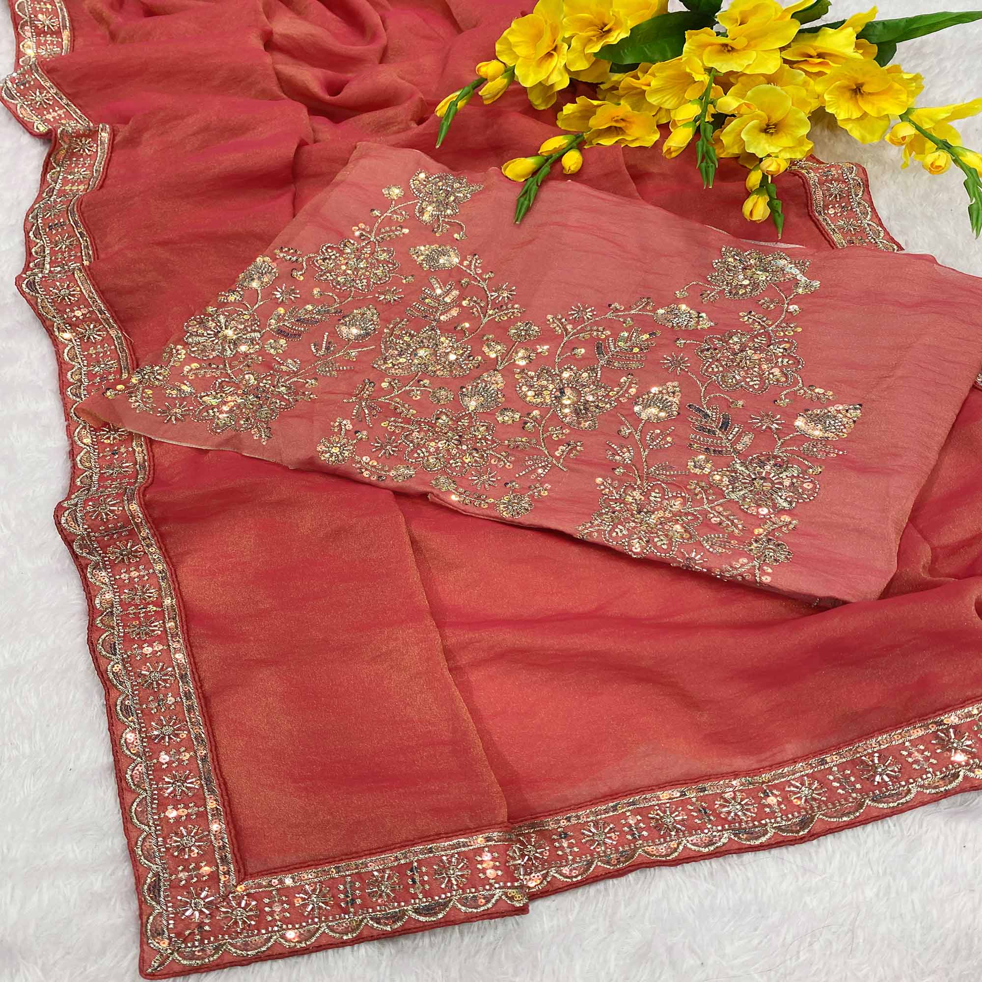 Designer Gajri Pink Satin Saree Featuring Stone & Embroidery Work