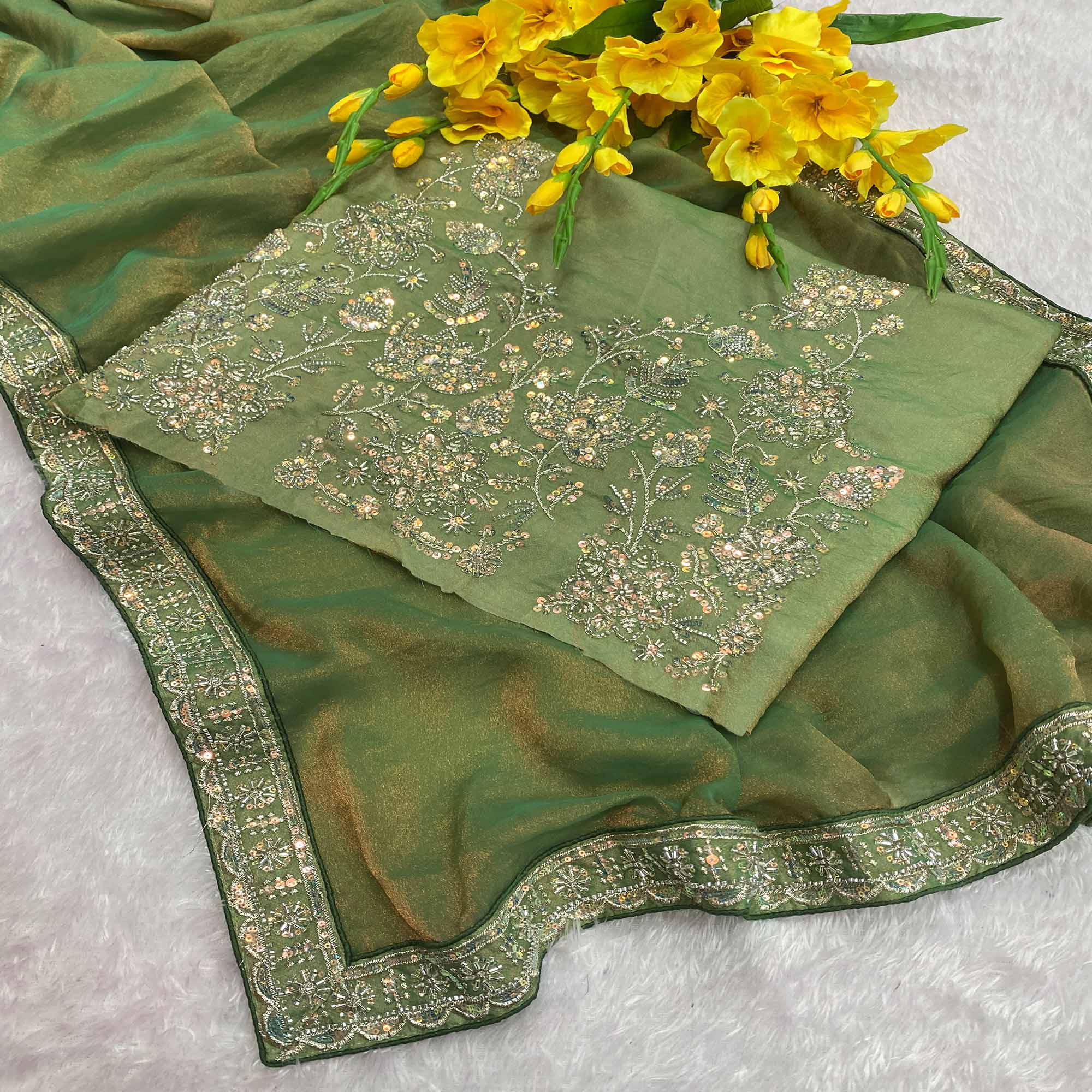 Designer Green Satin Saree Featuring Stone & Embroidery Work
