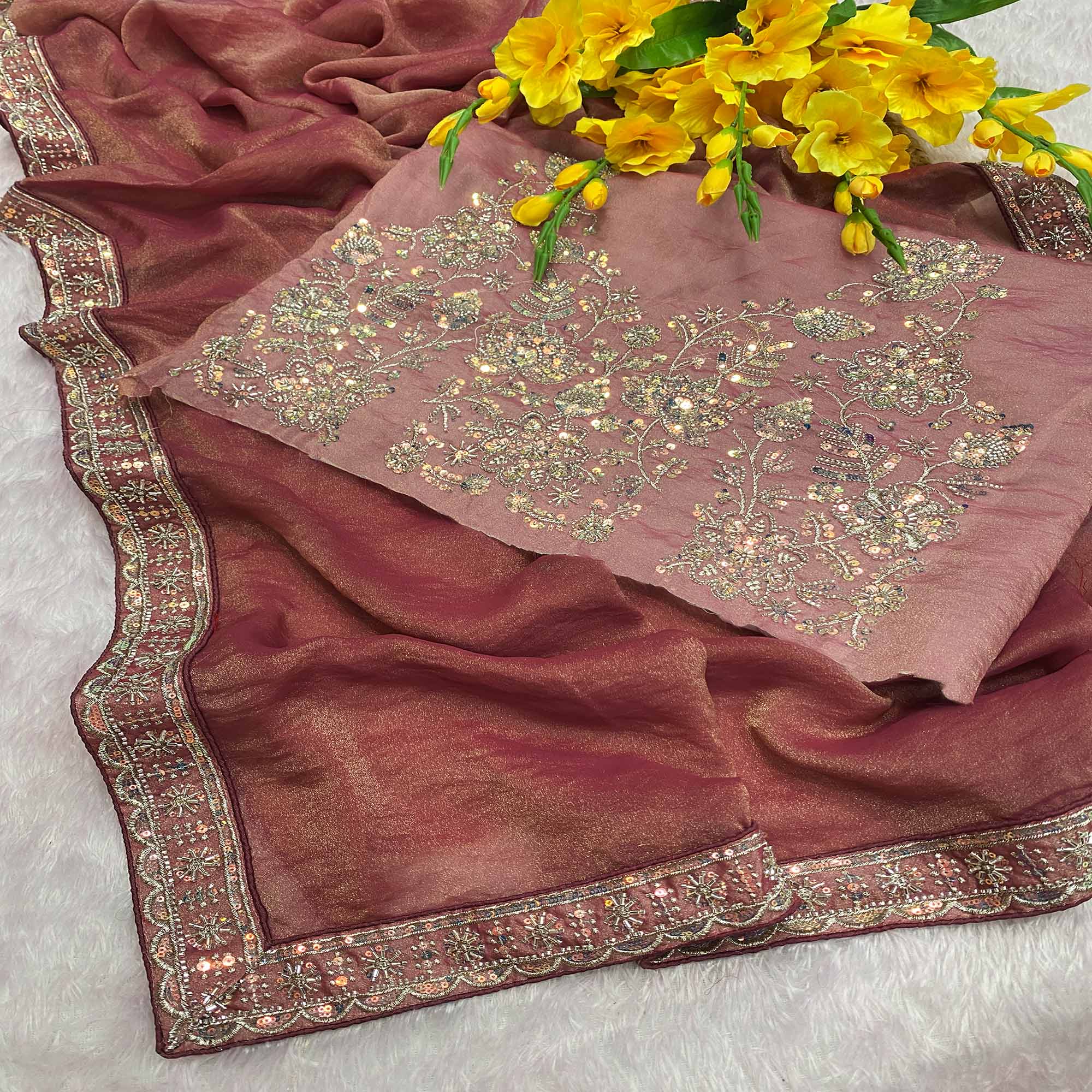 Designer Muted Mauve Satin Saree Featuring Stone & Embroidery Work