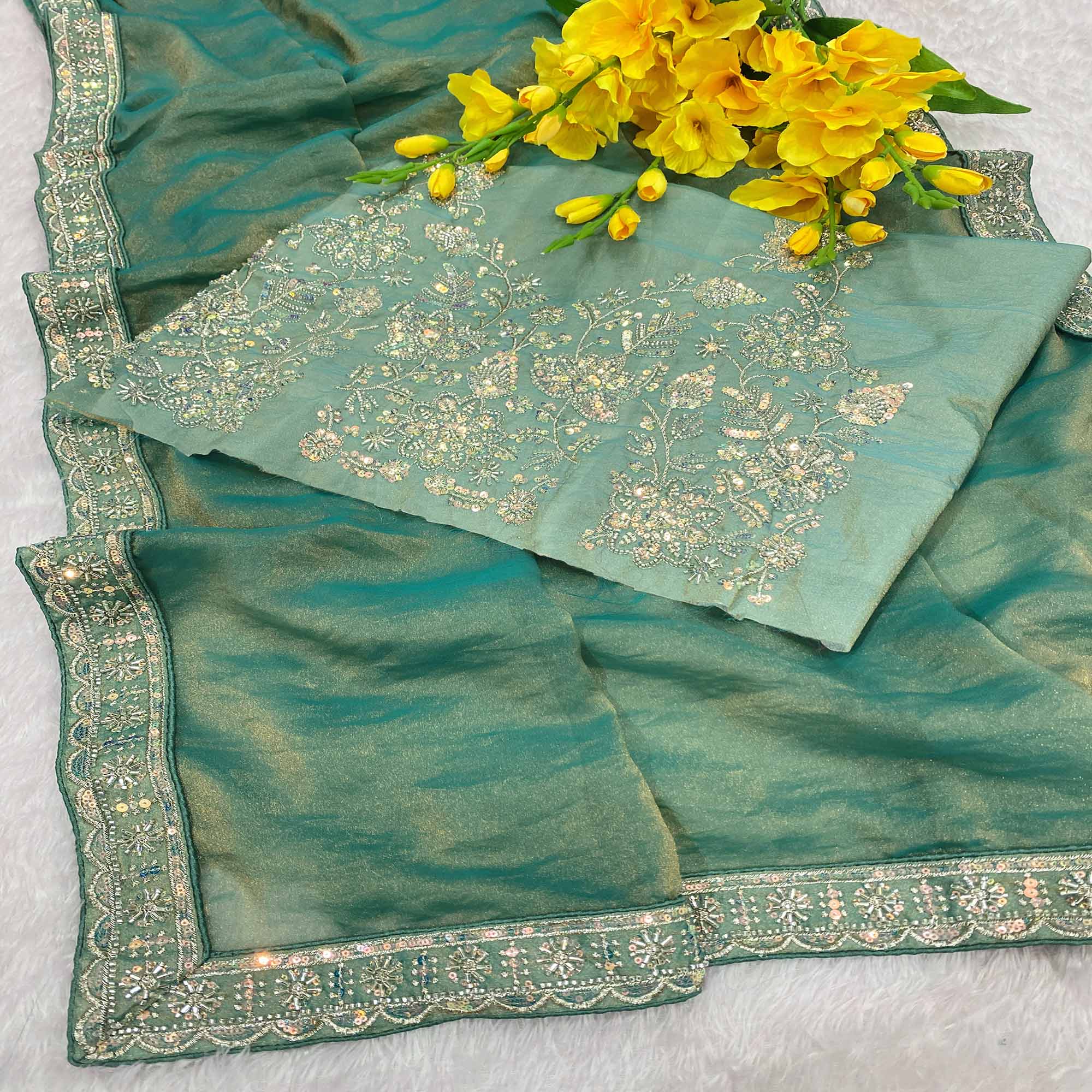 Designer Sea Green Satin Saree Featuring Stone & Embroidery Work
