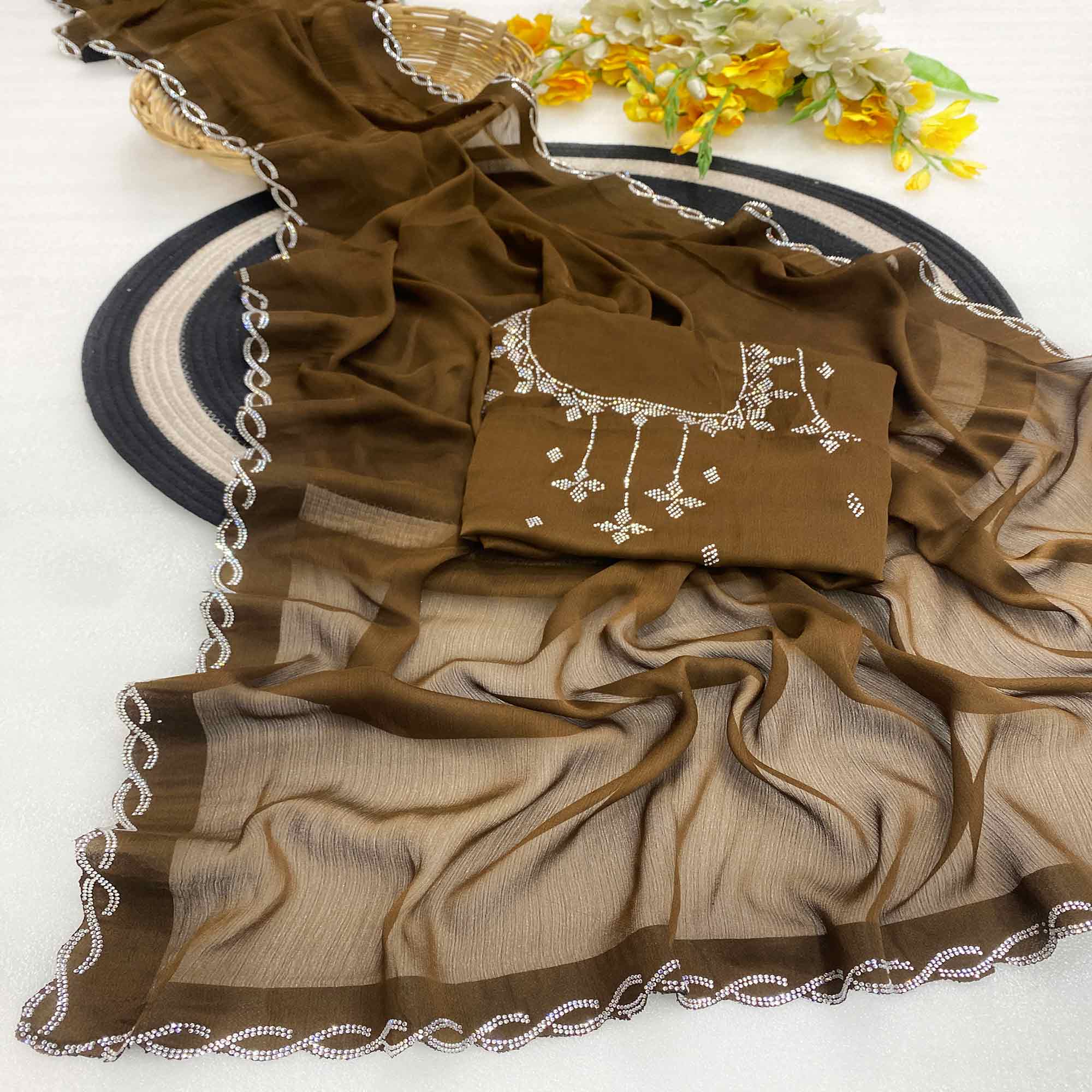 Olive Brown Embellished Chiffon Saree with Sparkling Swarovski Details