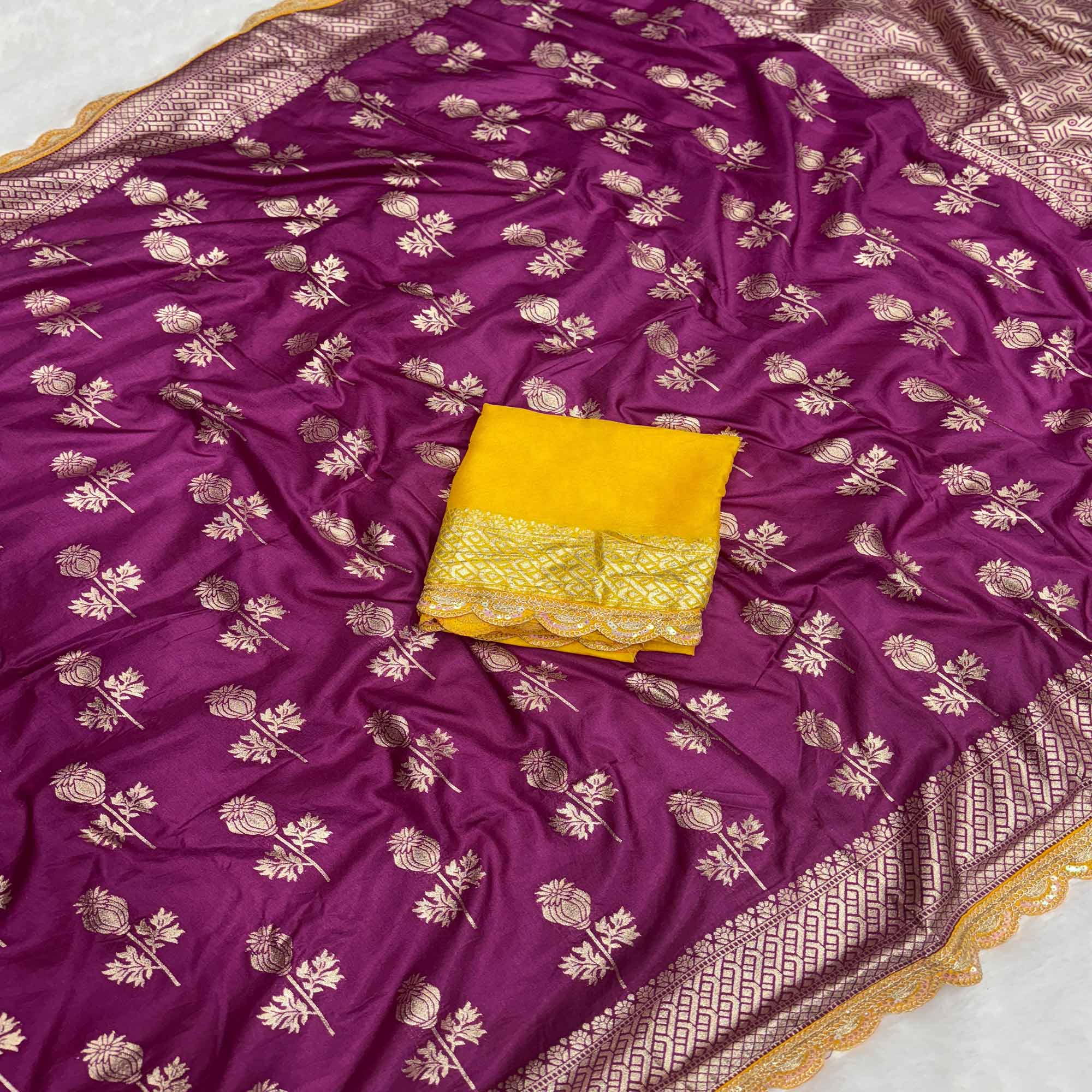 Regal Dola Silk Saree in Deep Purple Featuring Floral Weaves