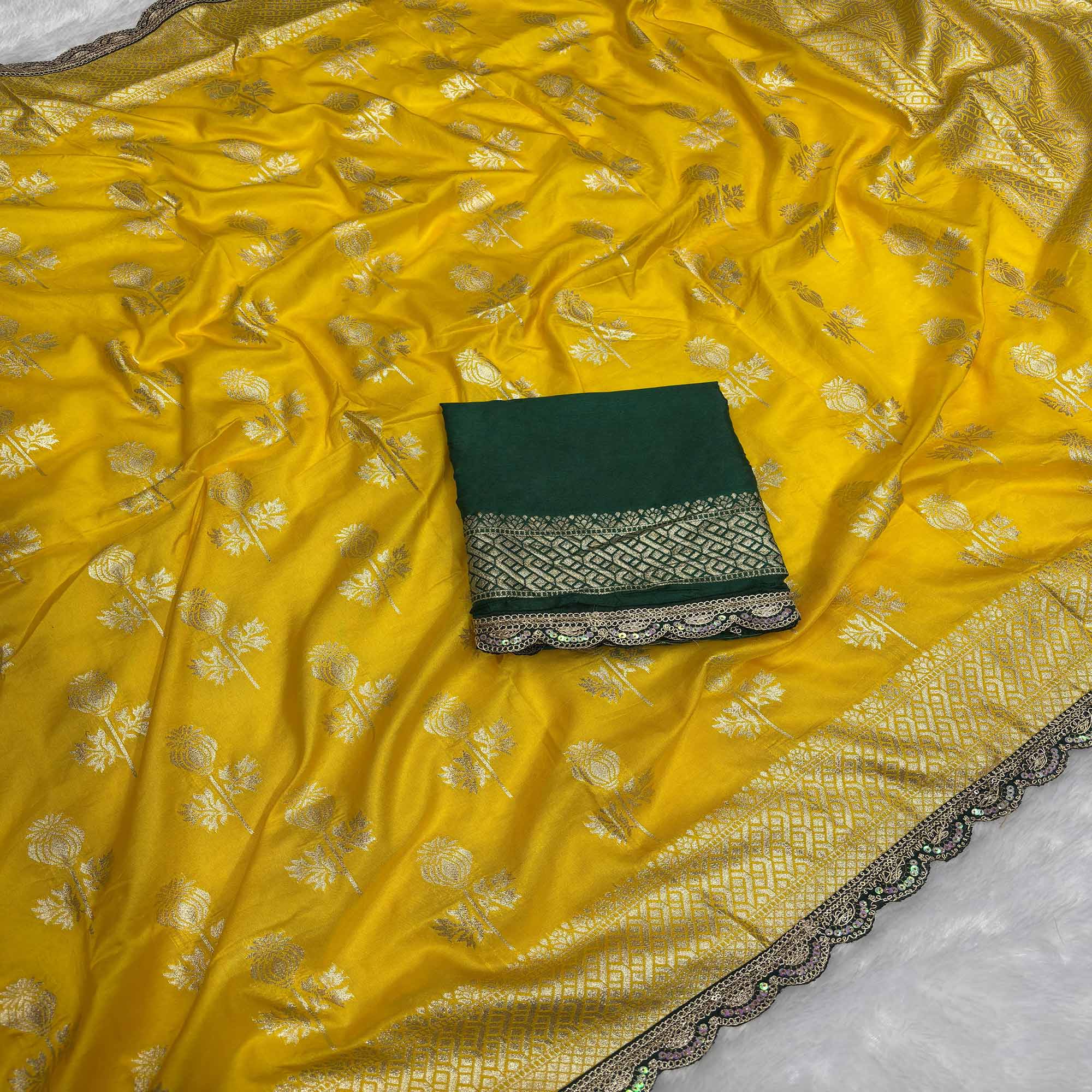 Regal Dola Silk Saree in Mustard Featuring Floral Weaves