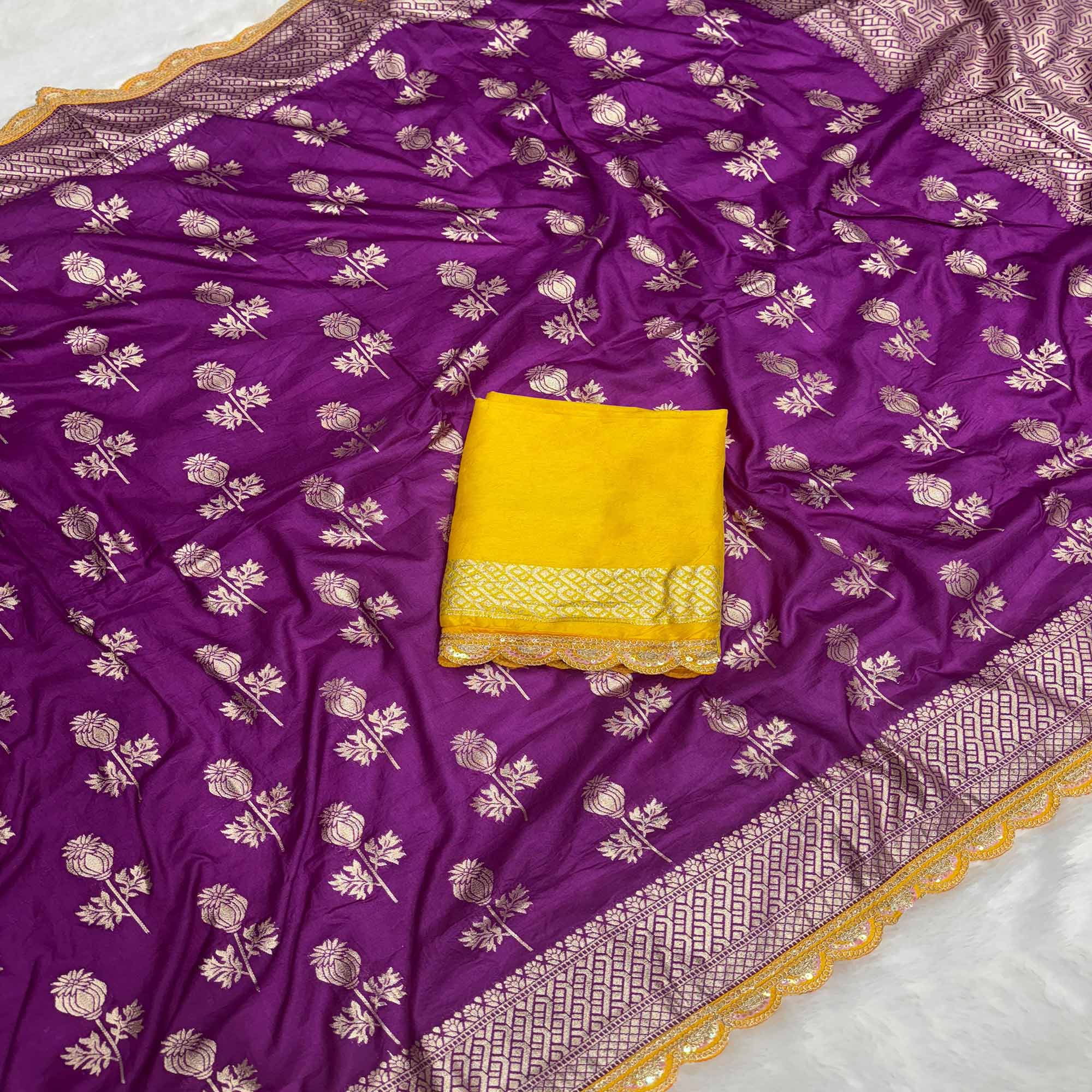 Regal Dola Silk Saree in Royal Purple Featuring Floral Weaves