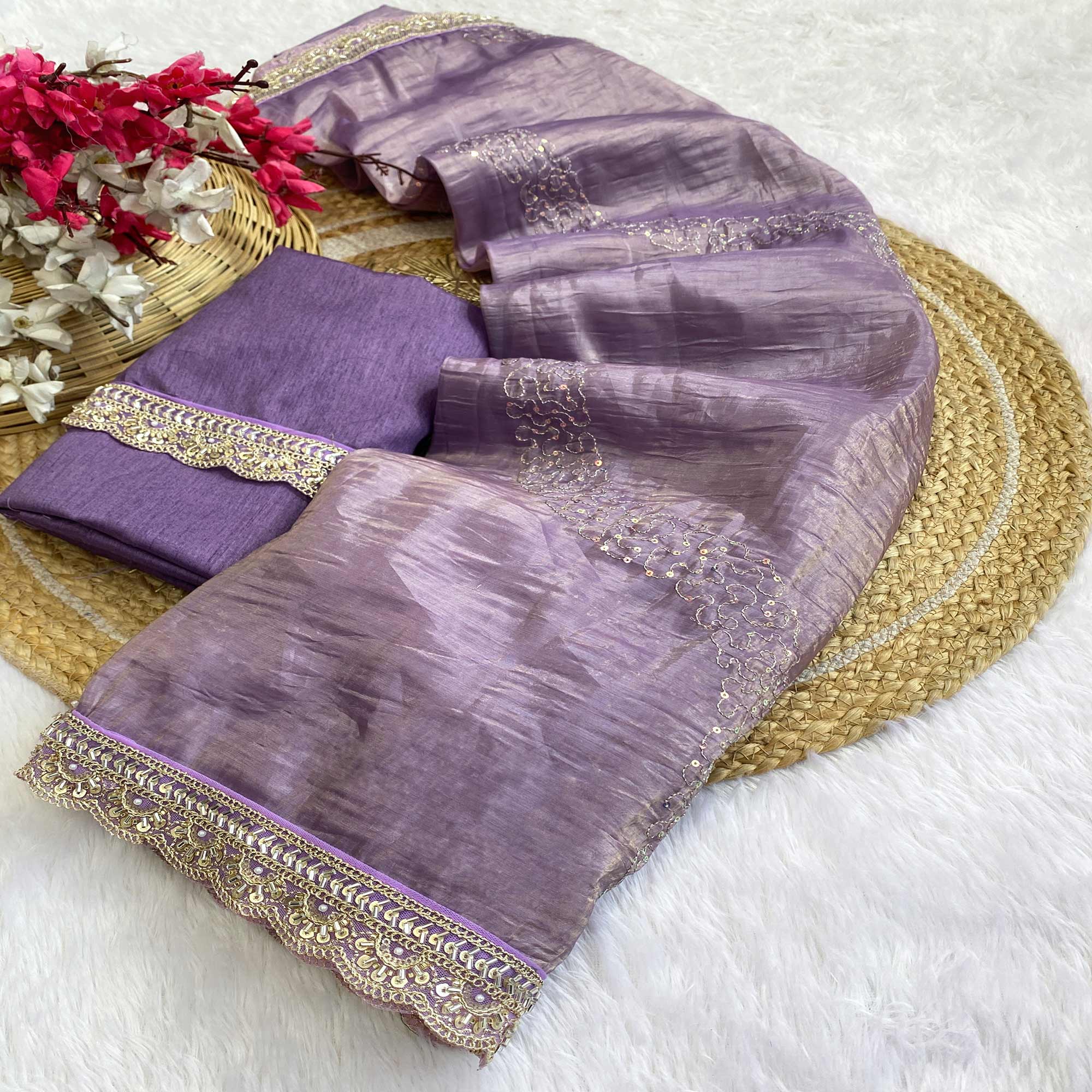 Lavender Tissue Saree Adorned with Elegant Sequins Embroidery
