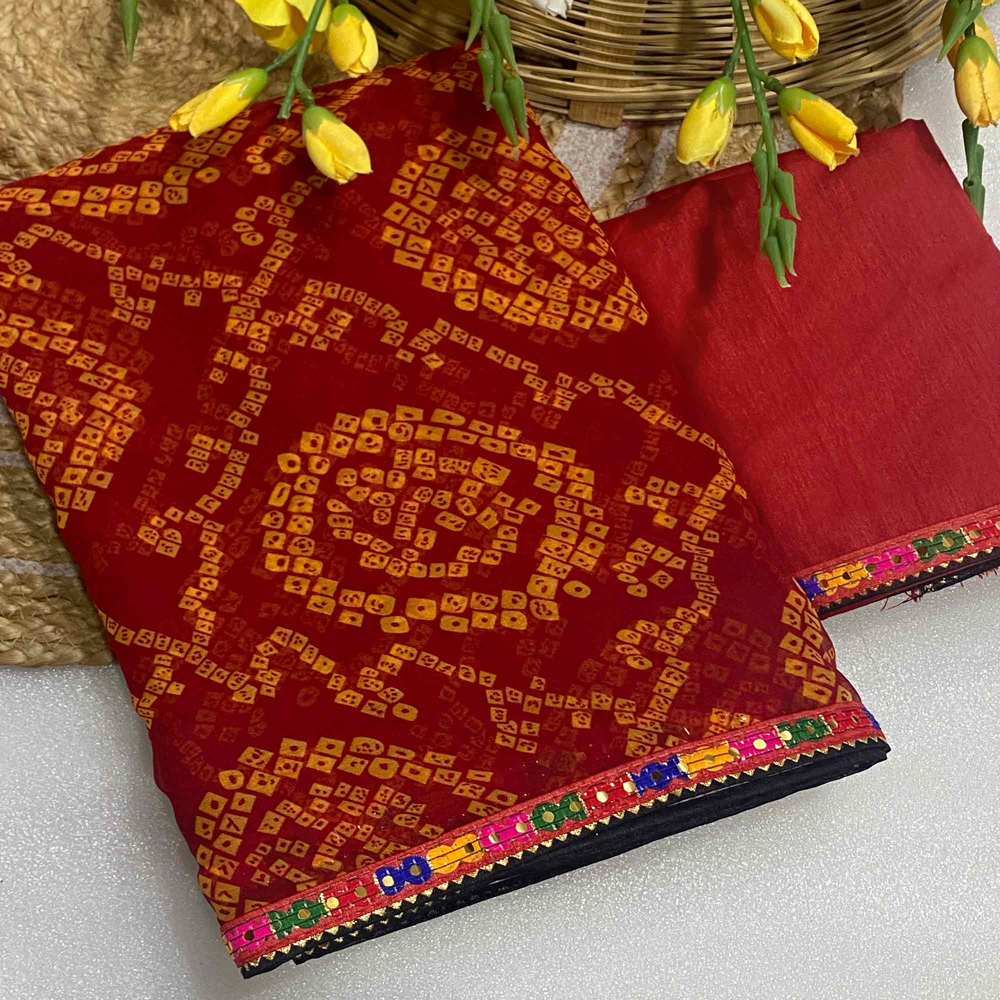 Red Bandhej Printed Georgette Saree with Flowy Drape
