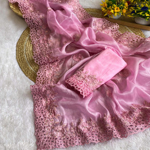 Pink Grace In Satin Jimmy Choo Fabric With Intricate Floral Thread Embroidery