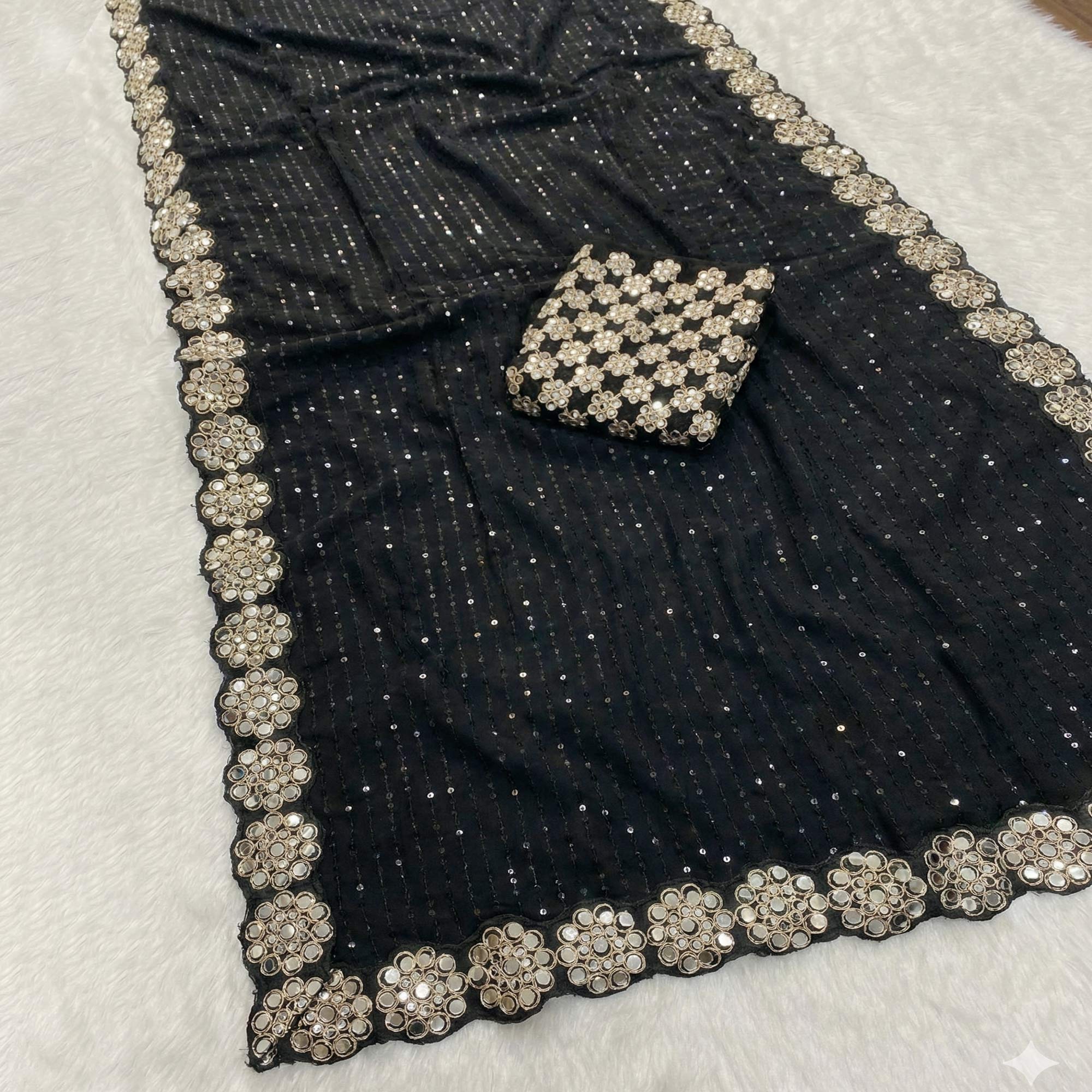 Stunning Black Georgette Party Wear Saree Adorned with Heavy Sequins Embellishment