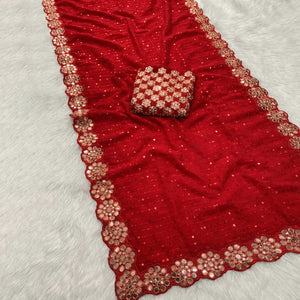 Stunning Red Georgette Party Wear Saree Adorned with Heavy Sequins Embellishment