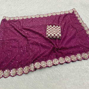 Stunning Wine Georgette Party Wear Saree Adorned with Heavy Sequins Embellishment