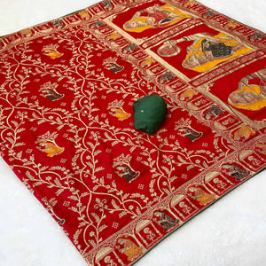 Elegant Red Dola Silk Saree with Intricate Zari Weaving for Festive Occasions