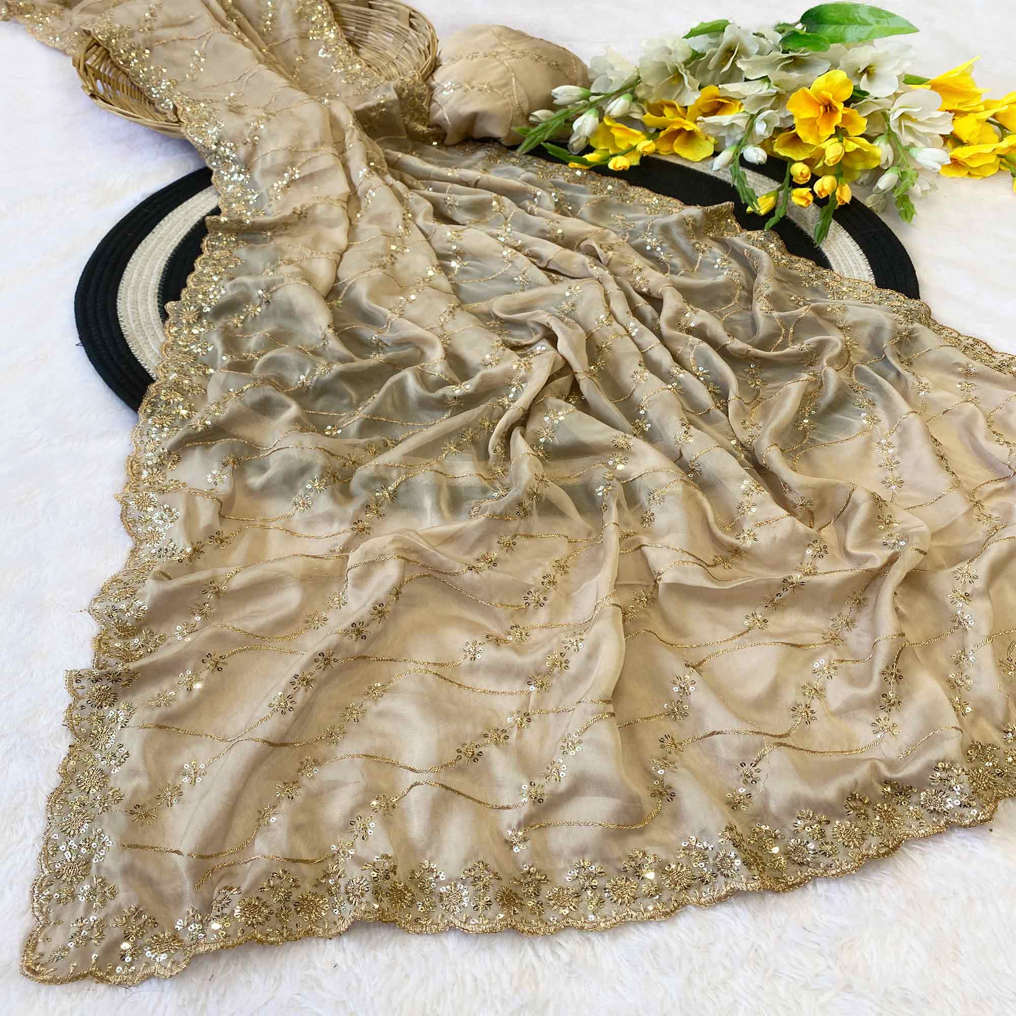 Chikoo Silk Blend Saree with Intricate Thread Embroidery