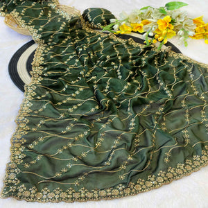 Green Silk Blend Saree with Intricate Thread Embroidery