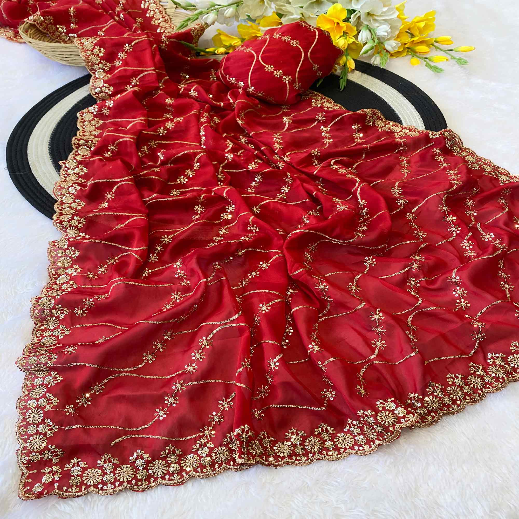 Red Silk Blend Saree with Intricate Thread Embroidery
