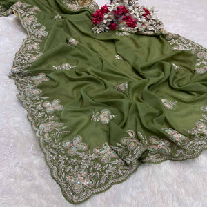 Heavy Thread Embroidered Green Georgette Saree for Party Wears