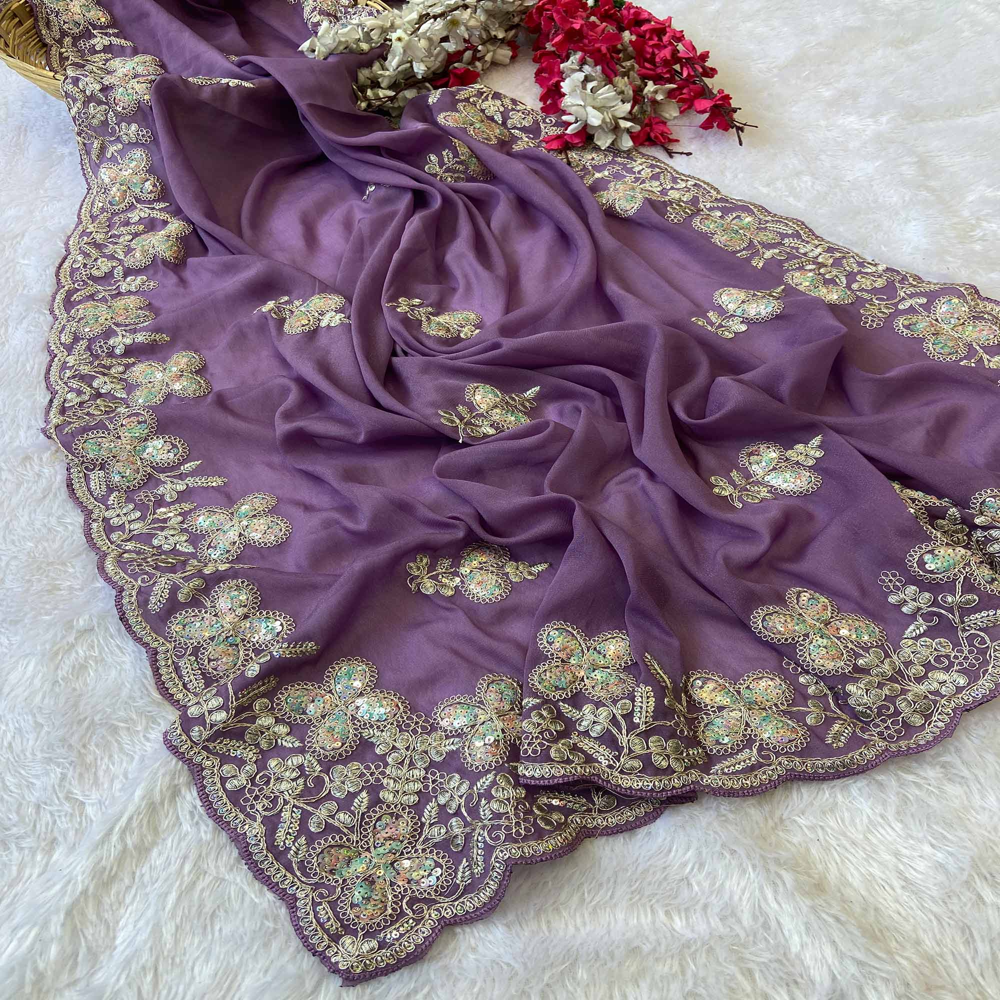 Heavy Thread Embroidered Lavender Georgette Saree for Party Wears