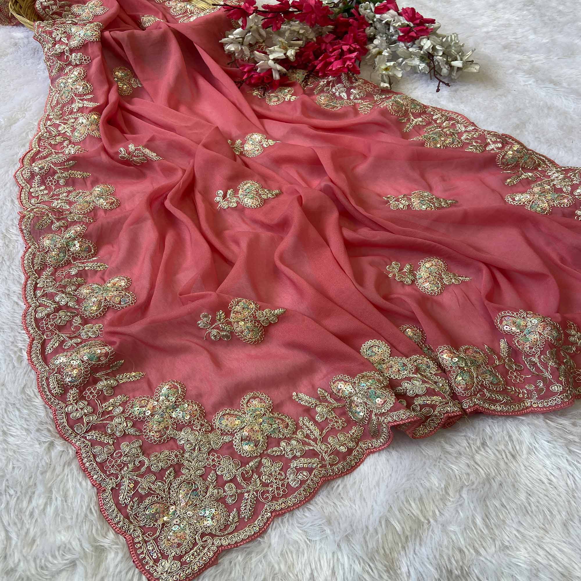 Heavy Thread Embroidered Pink Georgette Saree for Party Wears