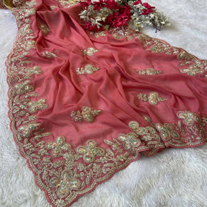 Heavy Thread Embroidered Pink Georgette Saree for Party Wears