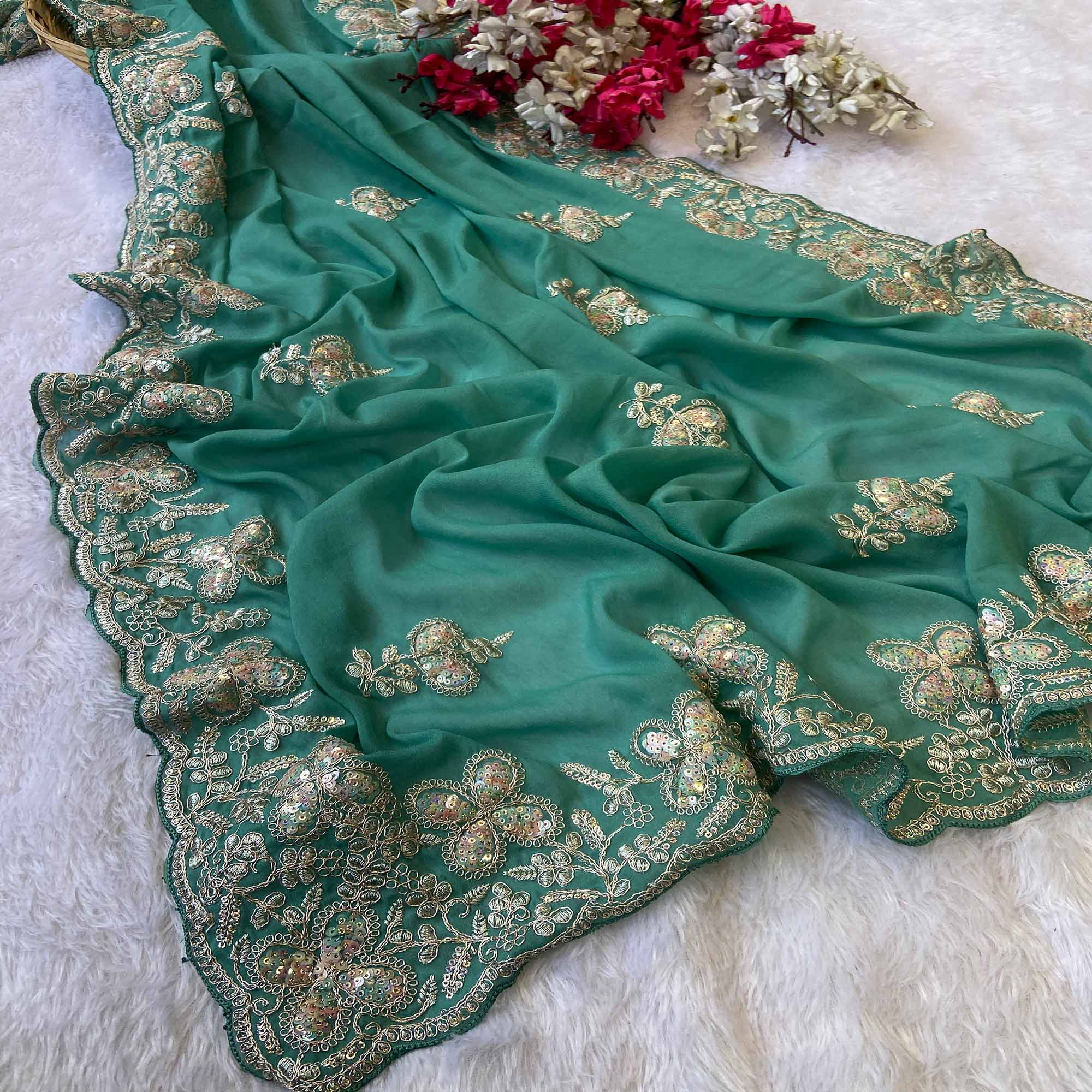 Heavy Thread Embroidered Sea Green Georgette Saree for Party Wears
