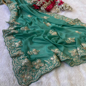 Heavy Thread Embroidered Sea Green Georgette Saree for Party Wears