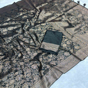 Black Floral Woven Saree in Premium Pure Silk