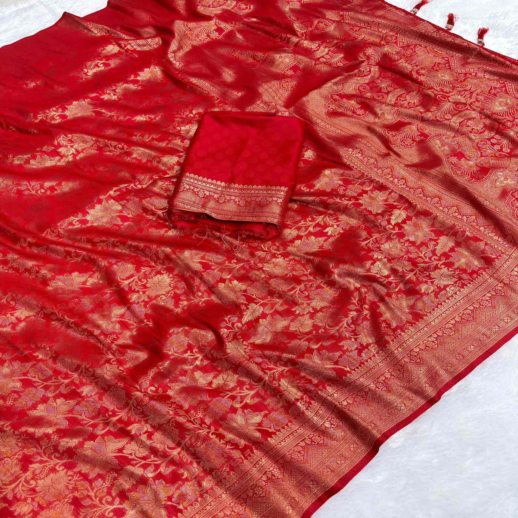 Red Floral Woven Saree in Premium Pure Silk