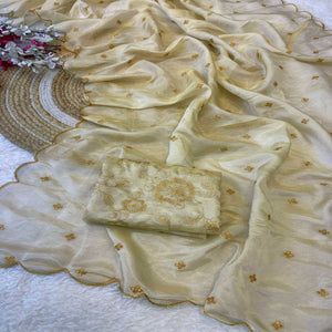 Lightweight Tissue Saree in Cream with Elegant Thread Embroidery