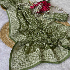 Green Georgette Saree With Sparkling Sequins & Delicate Floral Embroidery