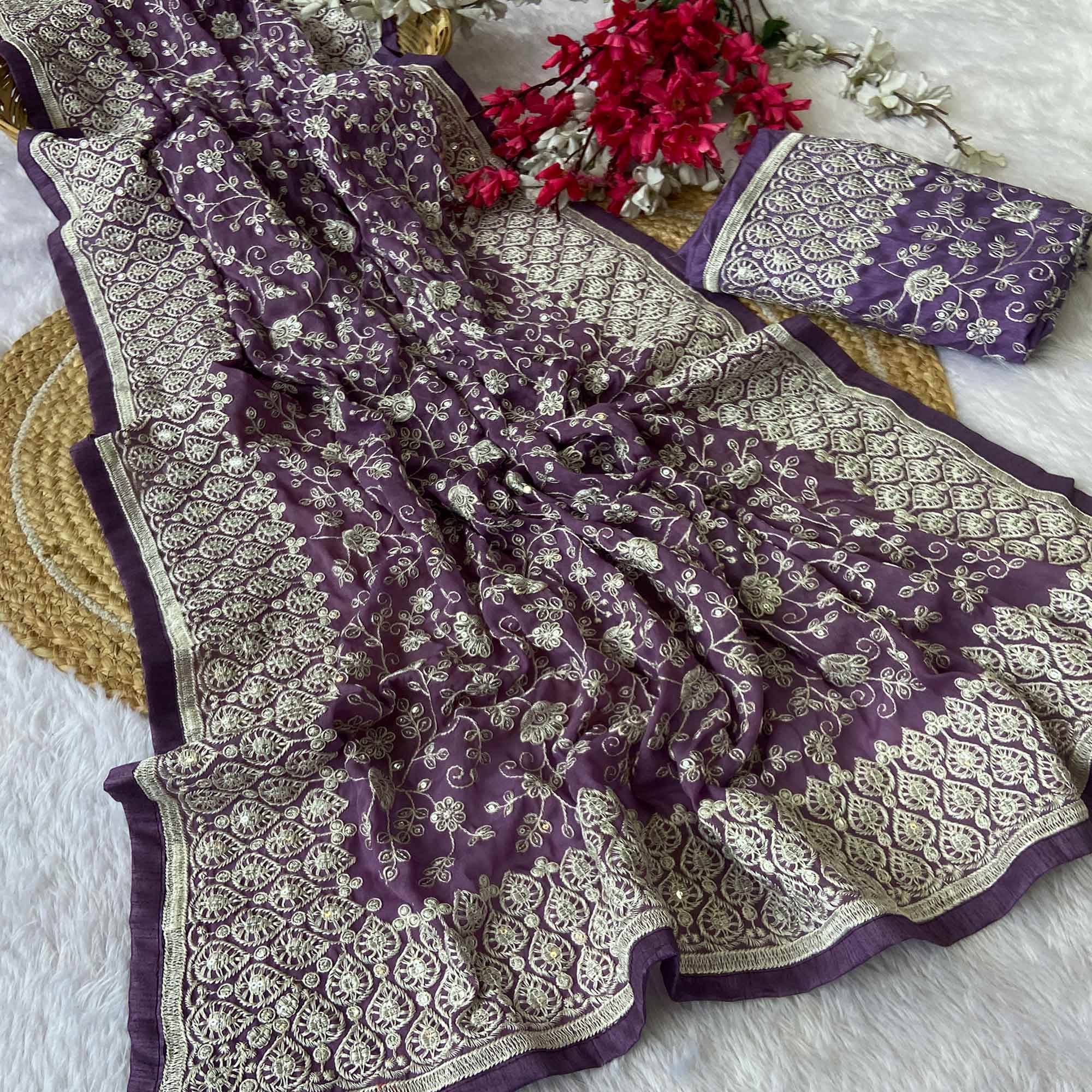 Lavender Georgette Saree With Sparkling Sequins & Delicate Floral Embroidery