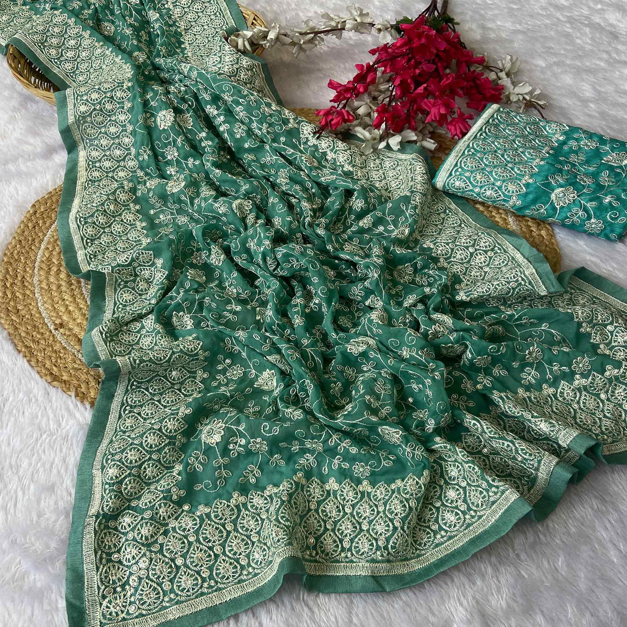 Rama Green Georgette Saree With Sparkling Sequins & Delicate Floral Embroidery