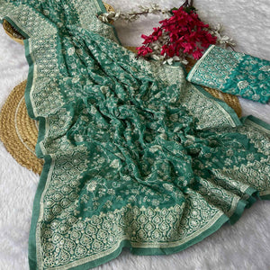Rama Green Georgette Saree With Sparkling Sequins & Delicate Floral Embroidery