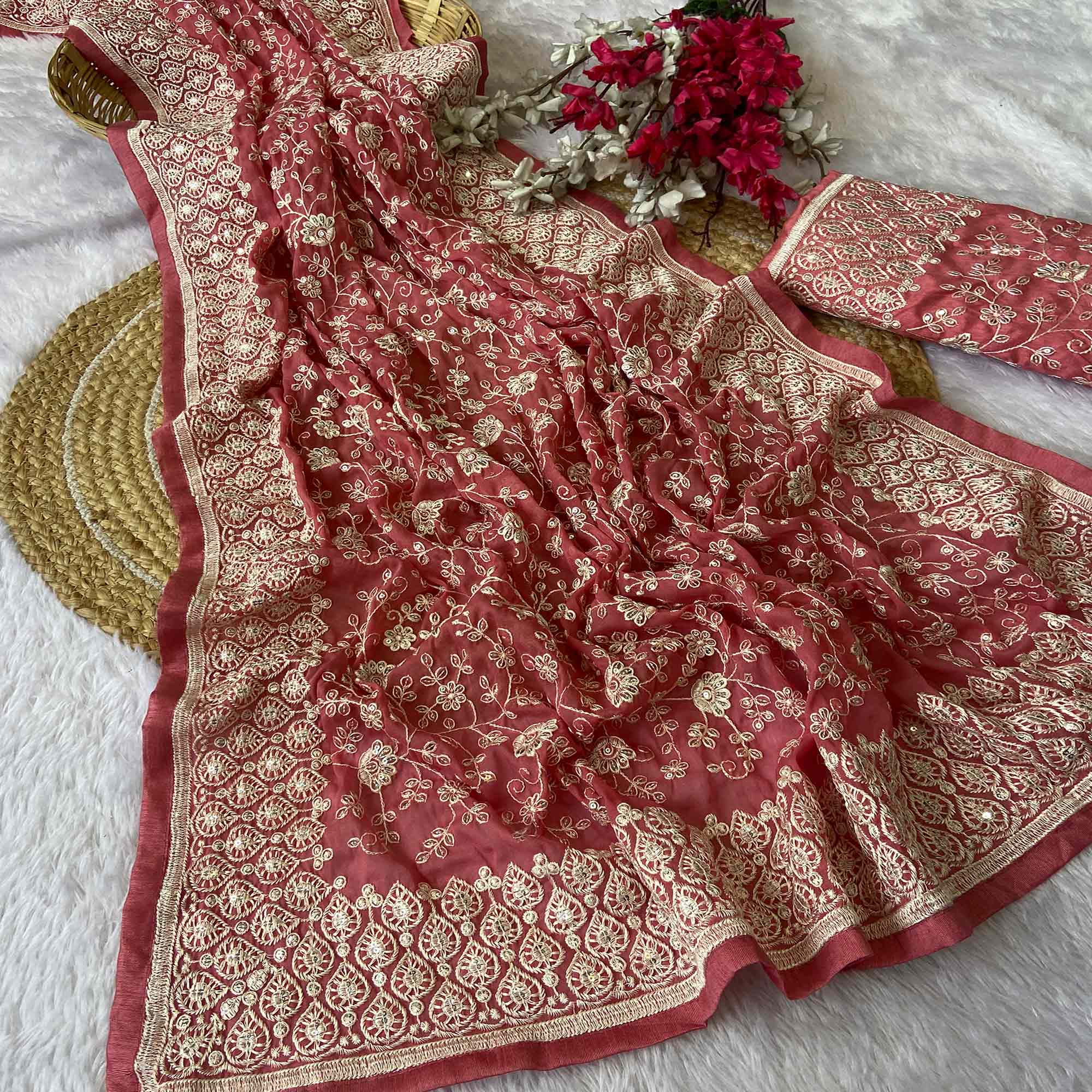 Rusty Red Georgette Saree With Sparkling Sequins & Delicate Floral Embroidery