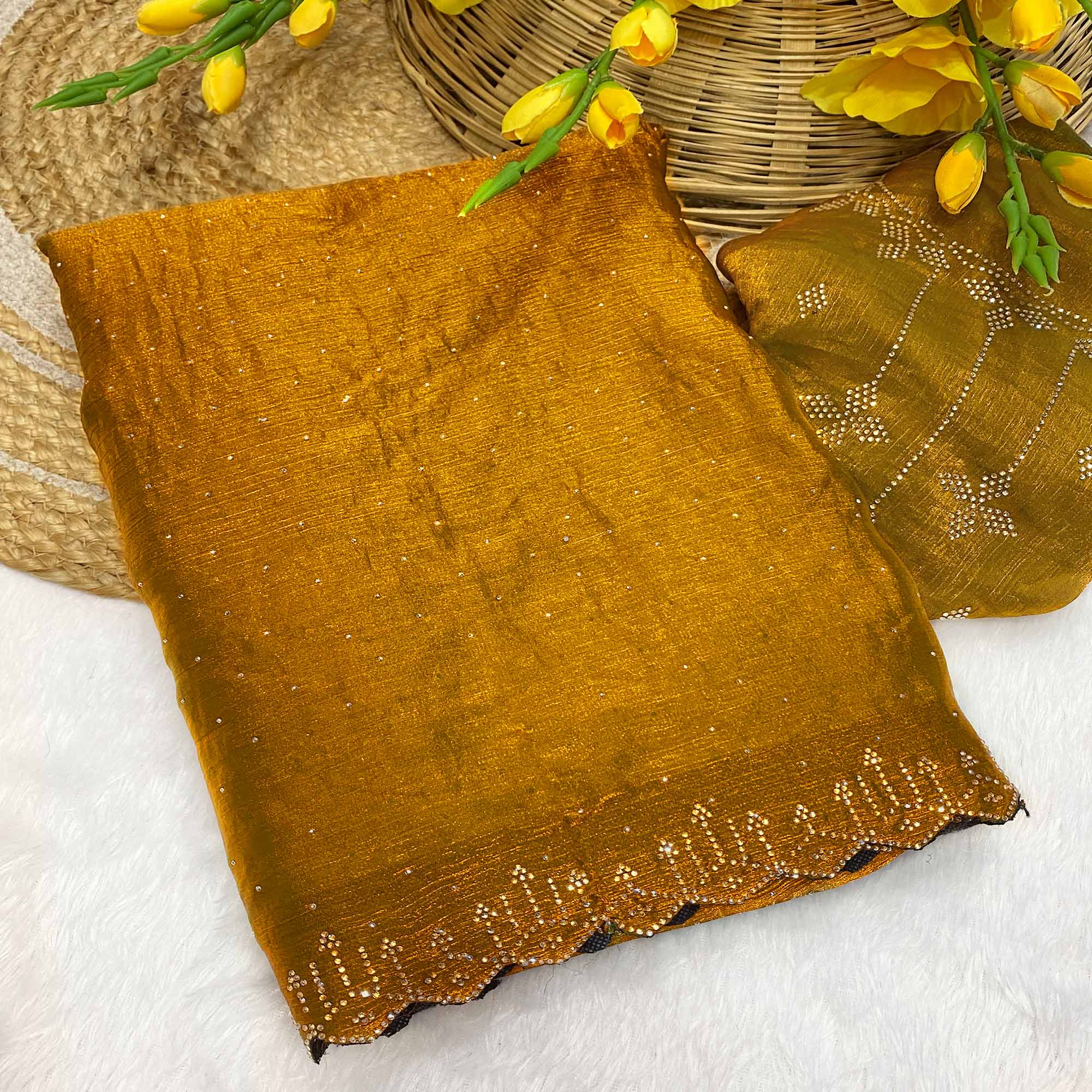 Olive Chiffon Saree Adorned with Sparkling Stone Work