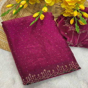 Wine Chiffon Saree Adorned with Sparkling Stone Work