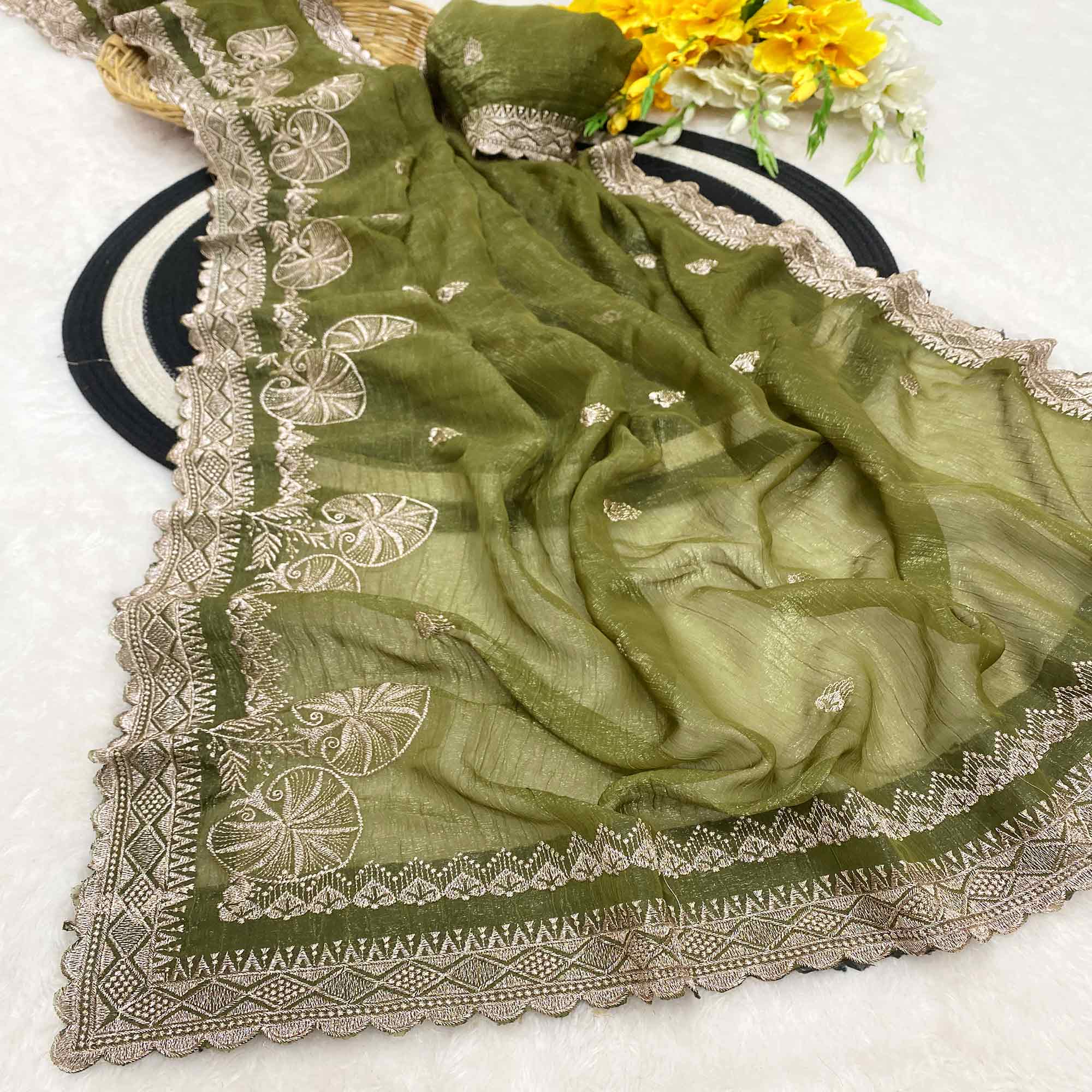 Green Thread Work Chiffon Silk Saree Premium Crunchy Texture Festive Wear